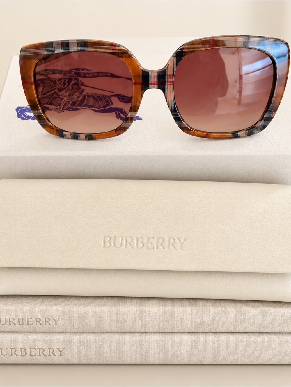 Burberry Plaid Tortoiseshell Square Sunglasses with Rose Lenses Never Been Worn